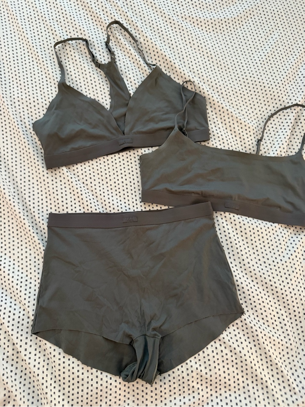 SKIMS Dark Grey Ribbed Bralette, Tank, and High-Waist Brief Set (Smooth Rib)